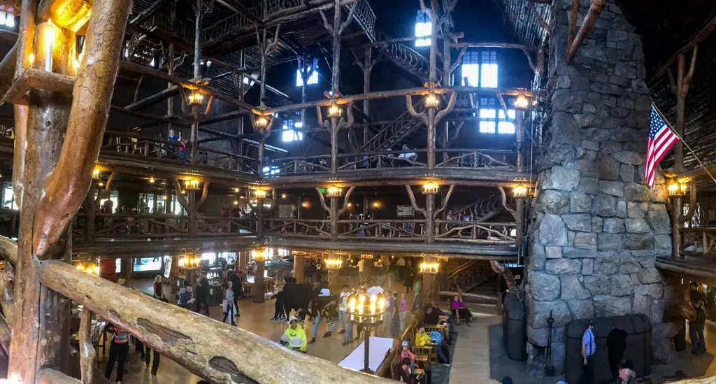 The interior of Yellowstone's historical Old Faithful Inn