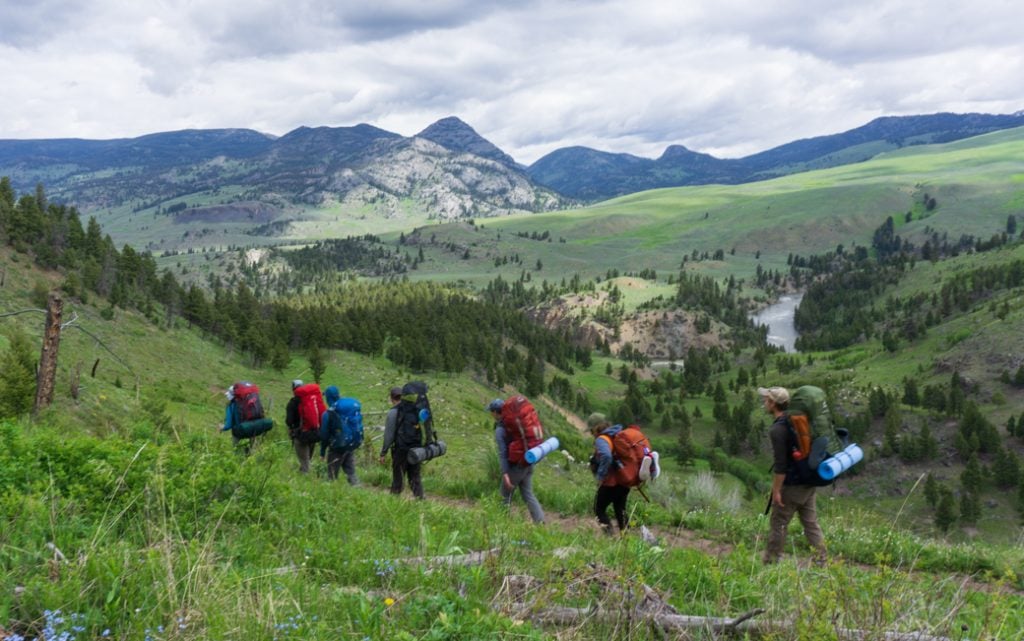 Hikers on Hikers on the Yellowstone River Trail in Yellowstone National Park