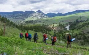 Hikers on Hikers on the Yellowstone River Trail in Yellowstone National Park