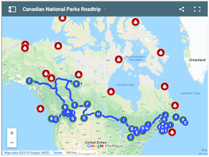 Canadian National Parks road trip google map