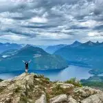 Hiker on Tin Hat Mountain the Sunshine Coast Trail in British Columbia, Canada.