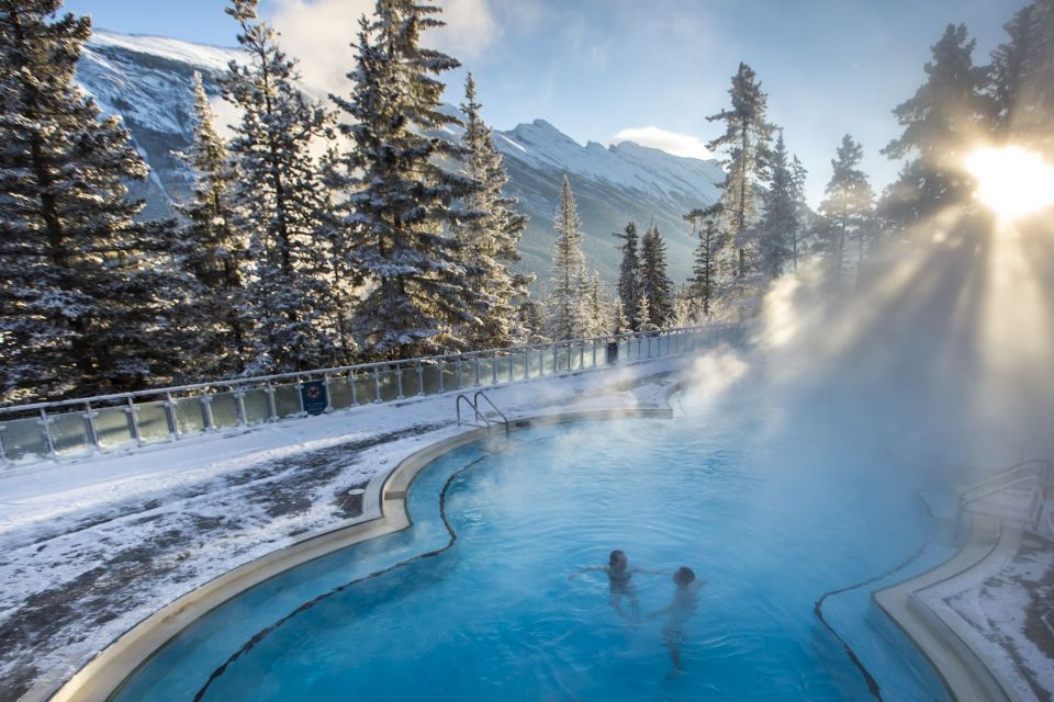 Swimmers in the pools at Banff Upper Hot Spring in winter