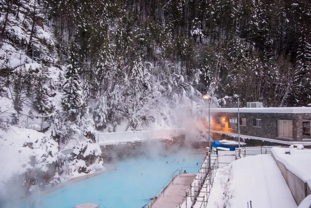 Radium Hot Springs in Canada's Rocky Mountains in the winter.