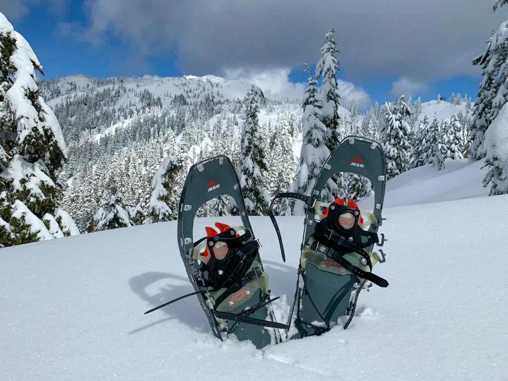 A pair of MSR snowshoes propped up in the snow in front of a mountain