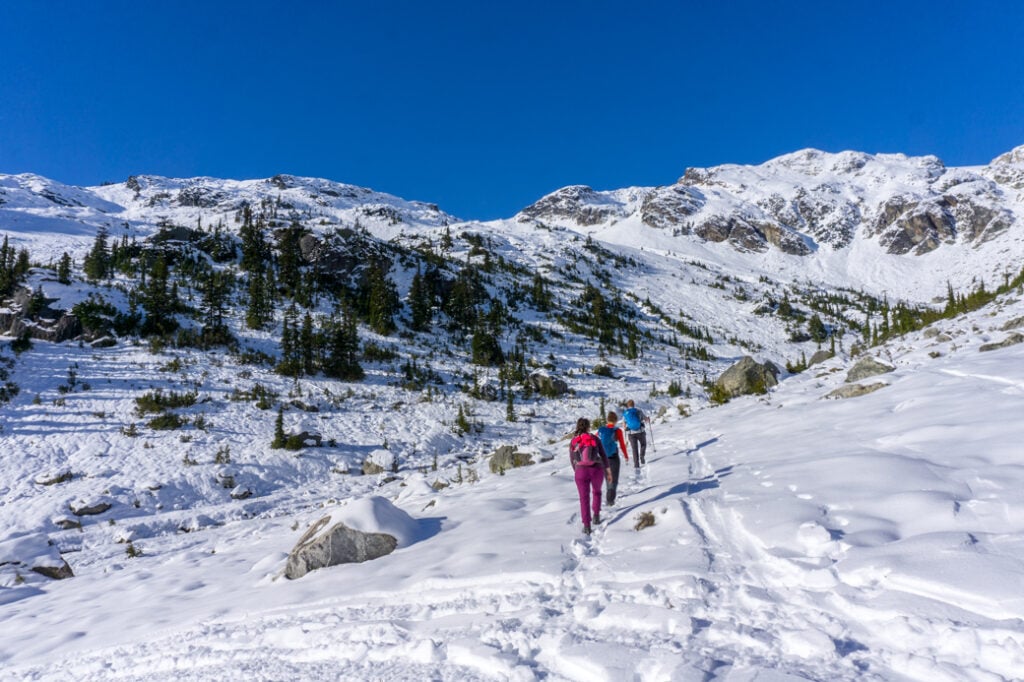 A group of hikers walking up a snowy slope. Learn all about winter hiking and snowshoeing safety before you go.