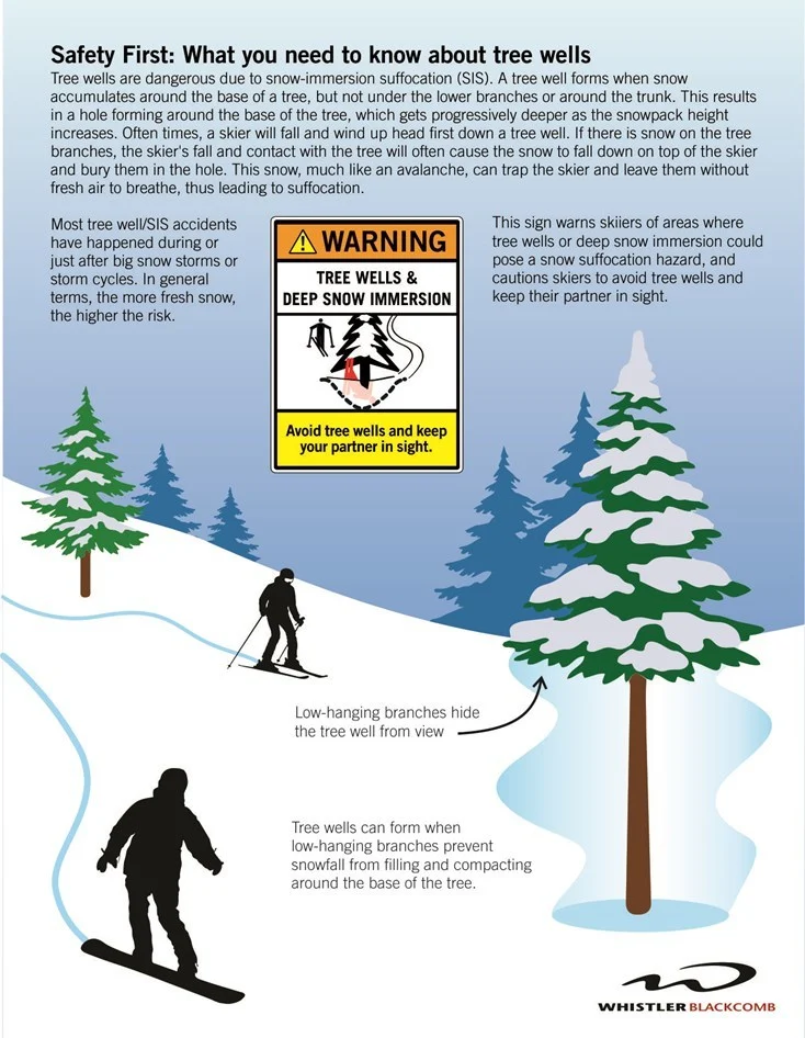 A graphic explaining what a tree well is and why they are dangerous. Learning about tree well is part of snowshoeing safety 