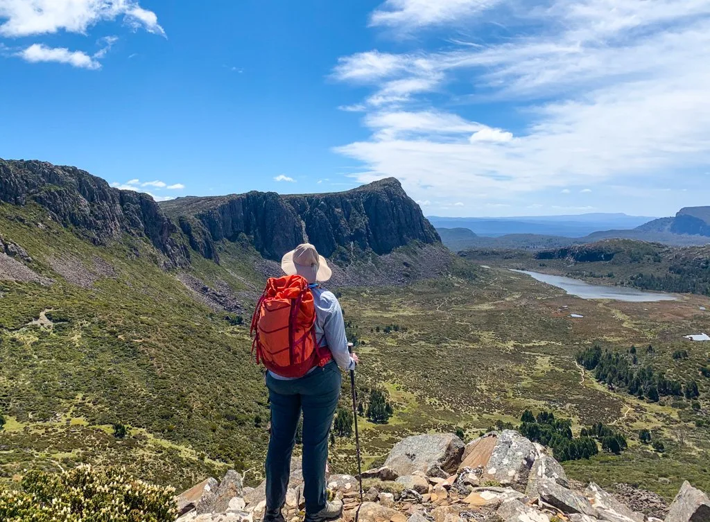 A hiker in Walls of Jerusalem National Park in Tasmania