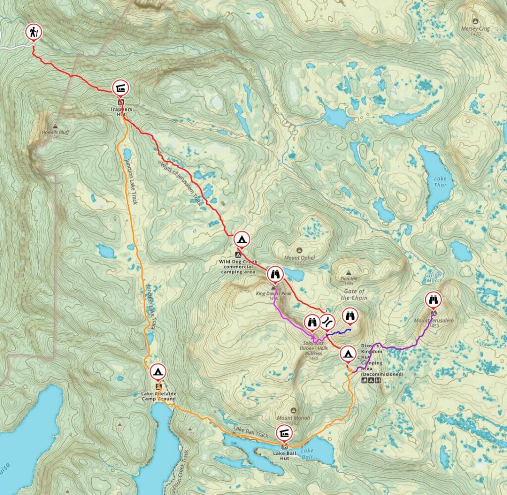 Topographic map of the hiking trails in Walls of Jerusalem National Park in Tasmania