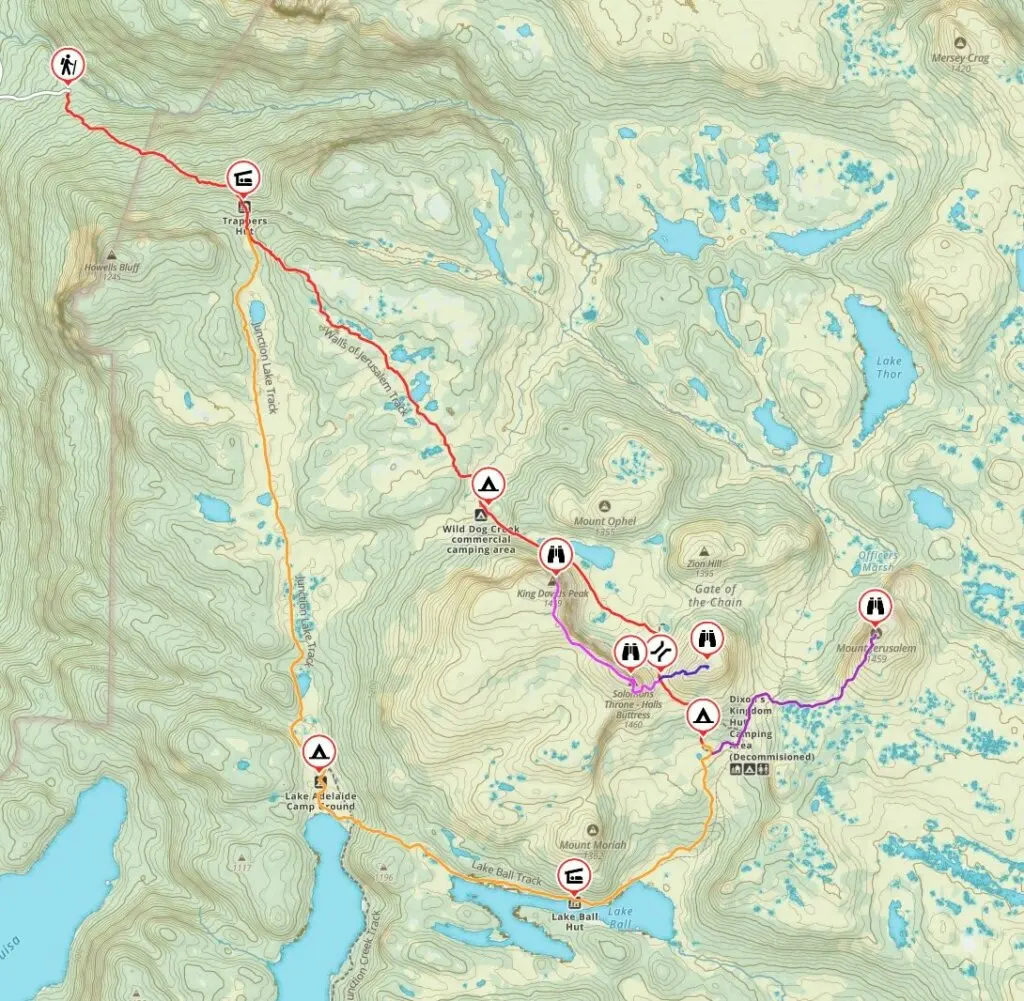 Topographic map of the hiking trails in Walls of Jerusalem National Park in Tasmania