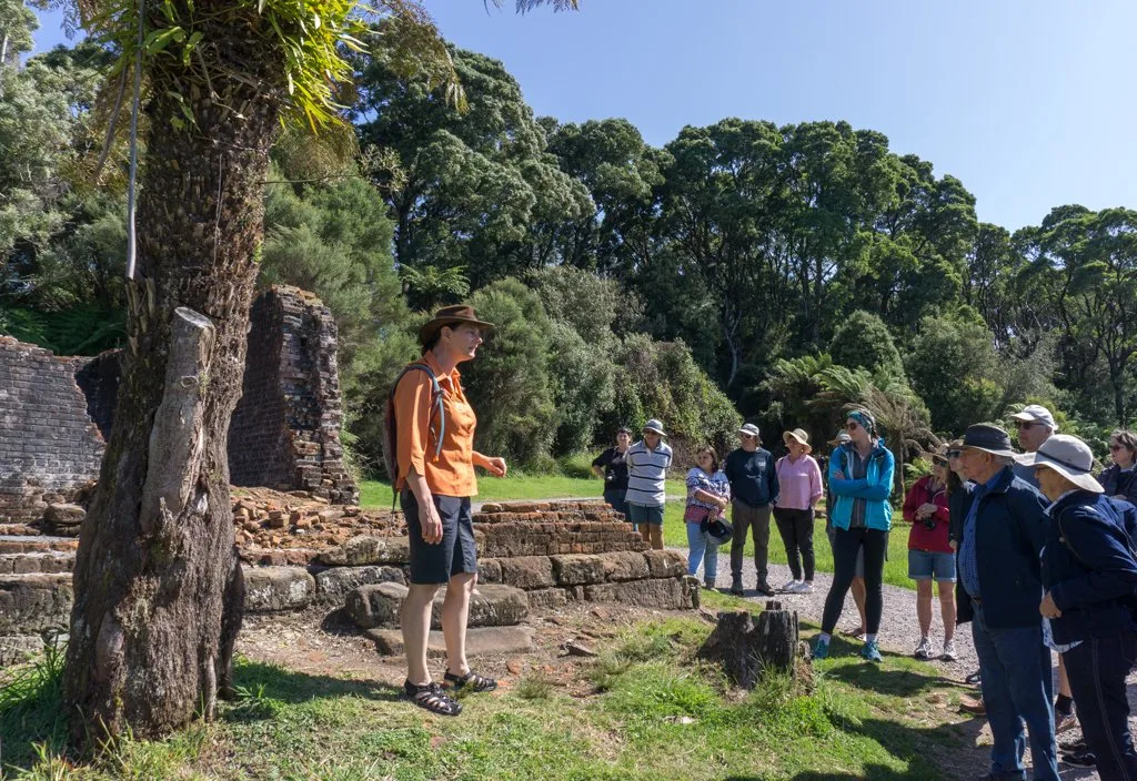Talking a walking tour on Sarah Island, Tasmania