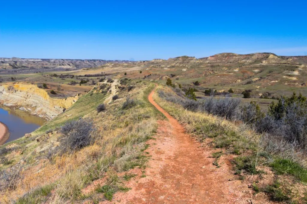 A trail winding through grassy hills in Theodore Roosevelt National Park in North Dakota