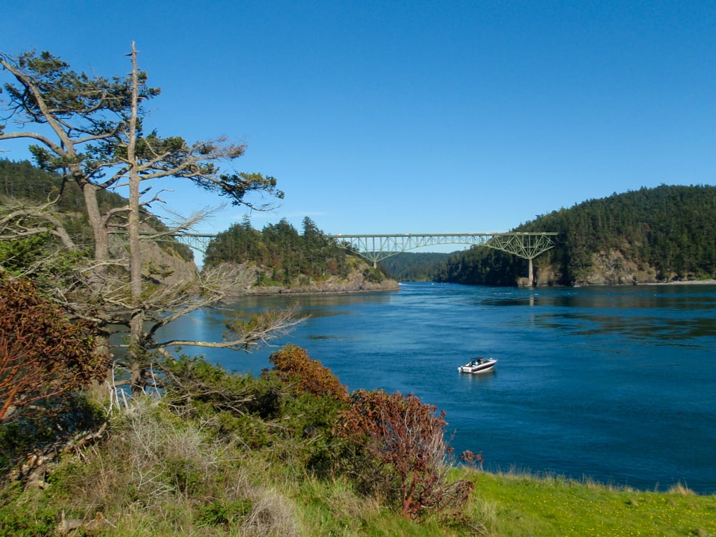 View of the Deception Pass bridge on Whidbey Island from Lighthouse Point - a great option for weekend getaways from Vancouver