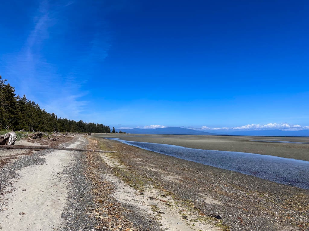 A sandy and pebbly beach spreads out far into the ocean at low tide in Parksville, BC