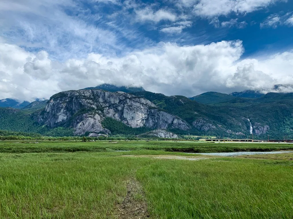 View of the Stawamus Chief and Shannon Falls from the Squamish Estuary