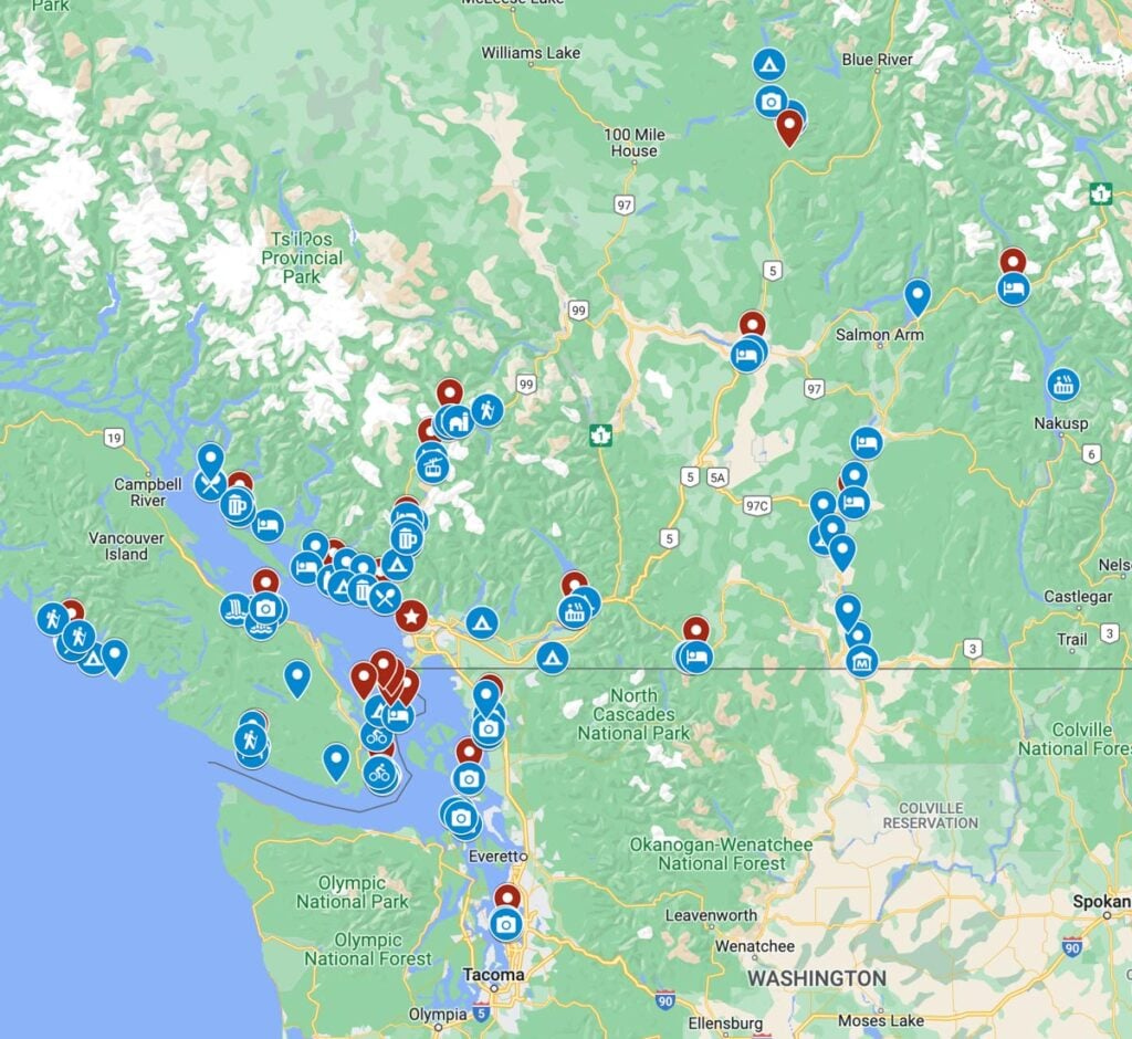 Google Map showing options for weekend getaways from Vancouver