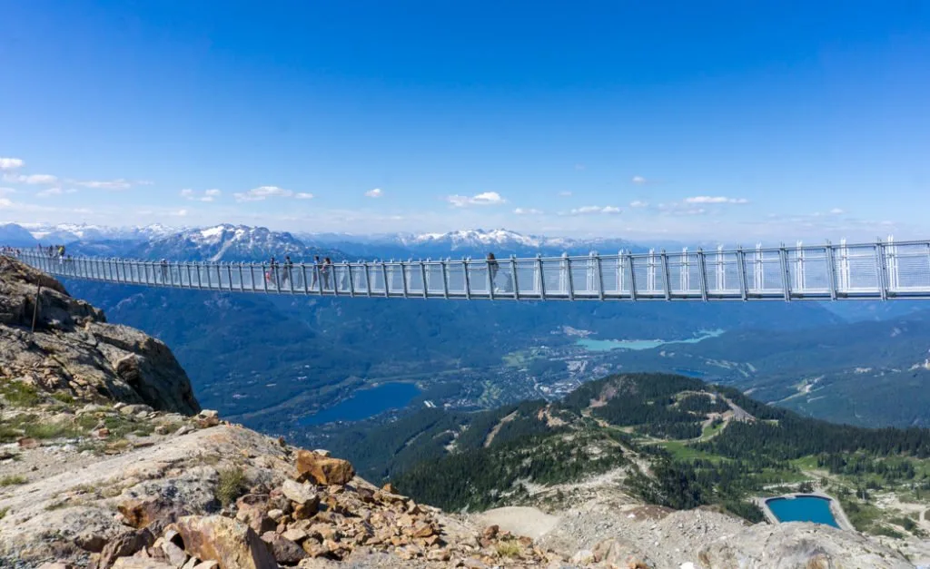 The suspension bridge at Whistler Peak with a view of the Whistler valley below. Whistler is one of the best weekend getaways from Vancouver