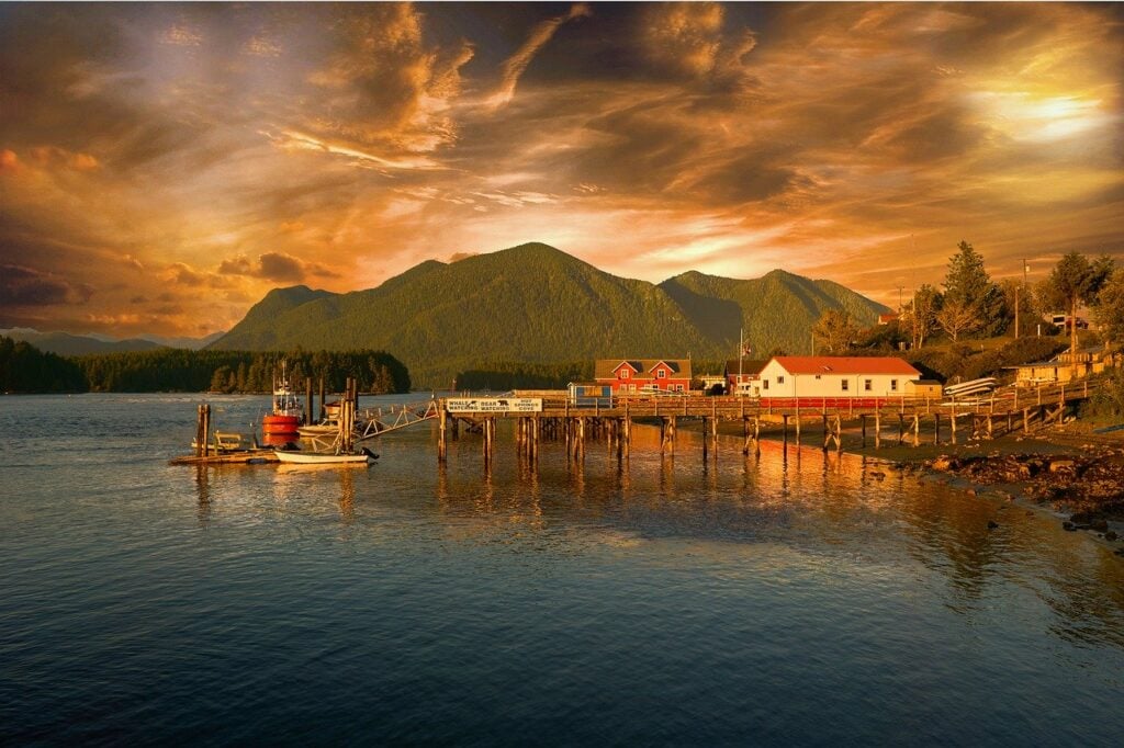 Sunset over boat dock in Tofino, BC, one of over 20 weekend getaways from Vancouver