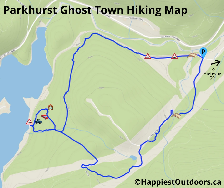 A map showing the routes to Parkhurst Ghost Town in Whistler, BC