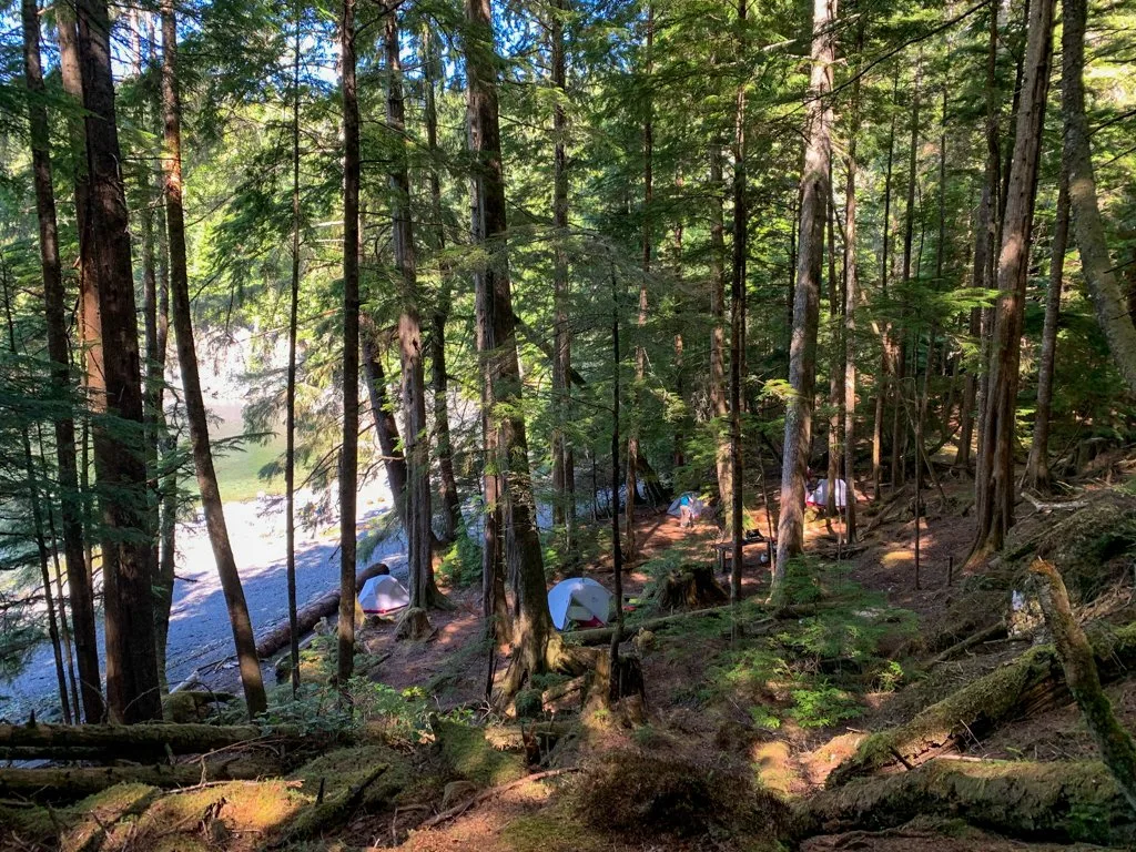 A group of tents on an island in the Johnstone Strait