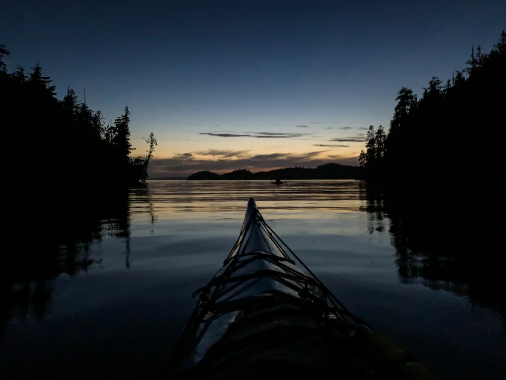 Paddling a kayak at night in the Johnstone Strait