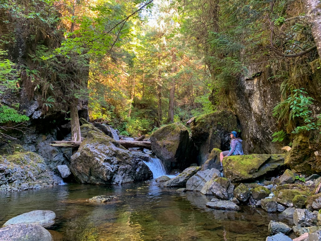 A hiker sits next to a creek in the rainforest on Vancouver Island