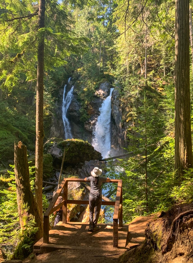 A hiker stands at a small viewing platform in front of Begbie Falls in Revelstoke