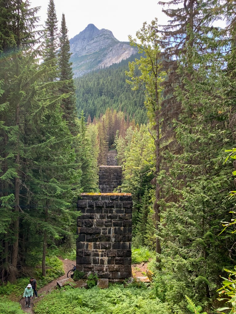 Old railway support pillars on the Loop Brook trail in Glacier National Park of Canada.
