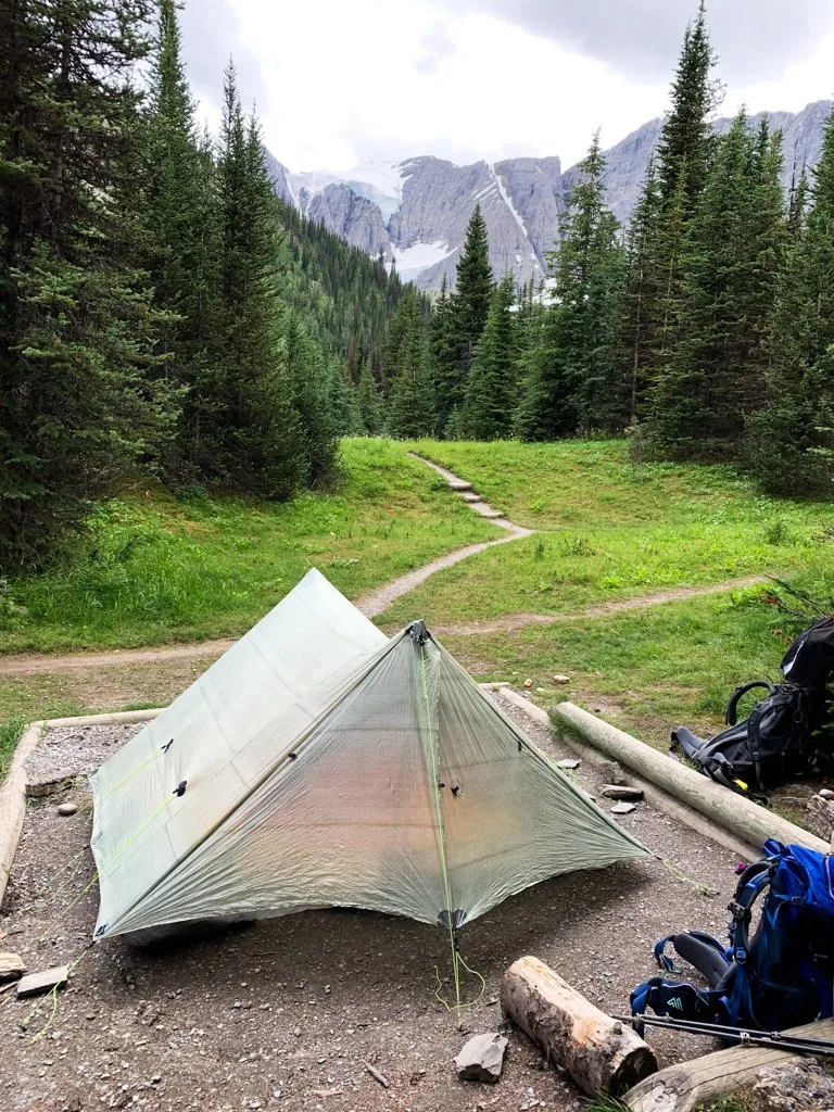 A tent at Tumbling Creek Camp on the Rockwall Trail