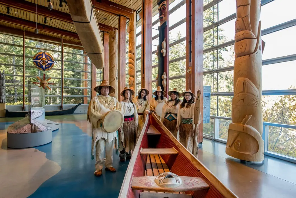 Cedar canoe and indigenous guides at the Squamish Lil'wat Cultural Centre