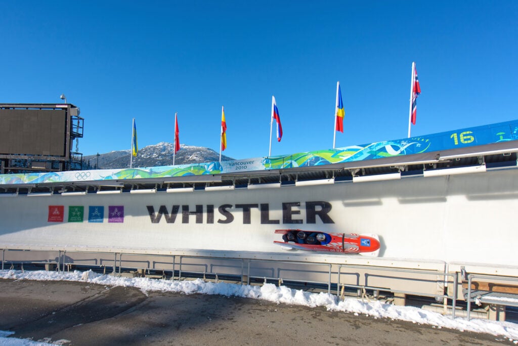 A bobsleigh on the track at the Whistler Sliding Centre