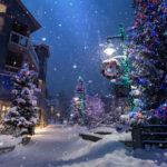 Snowy Whistler Village in the winter at night