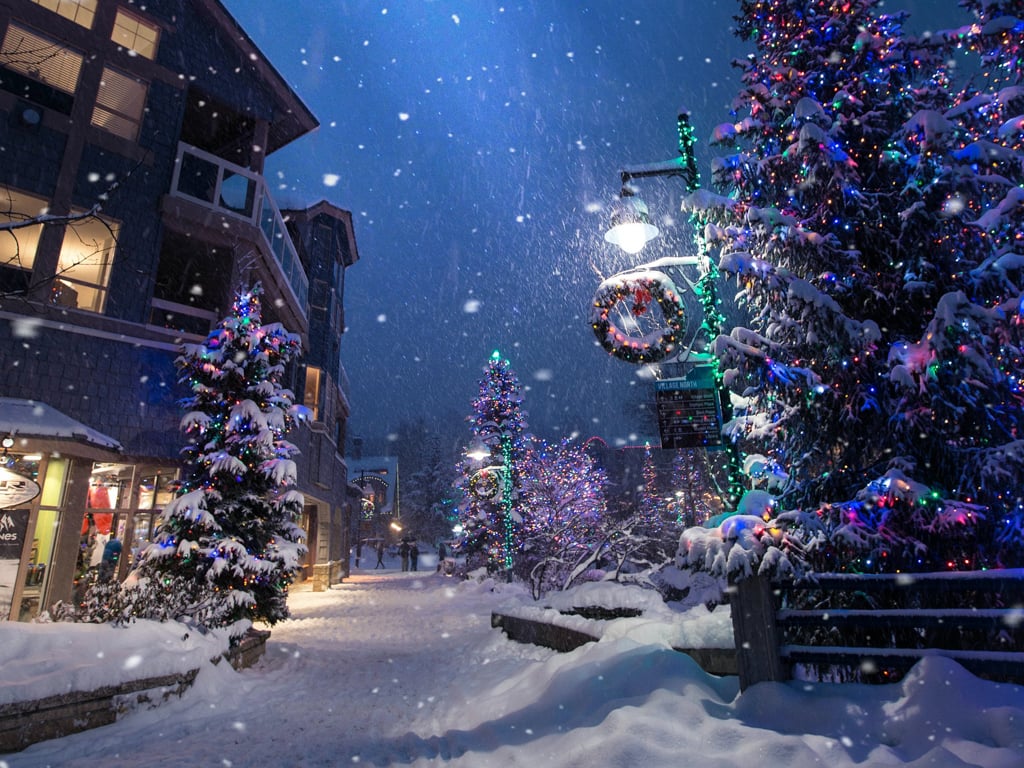 Snowy Whistler Village in the winter at night