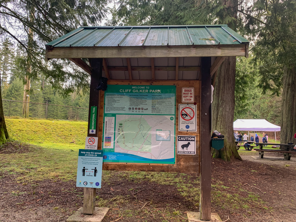 Trailhead kiosk sign with map at Cliff Gilker Park near Roberts Creek on the Sunshine Coast, BC