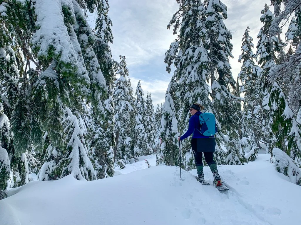 A woman wearing snowshoes and a backpack walks through a snowy forest