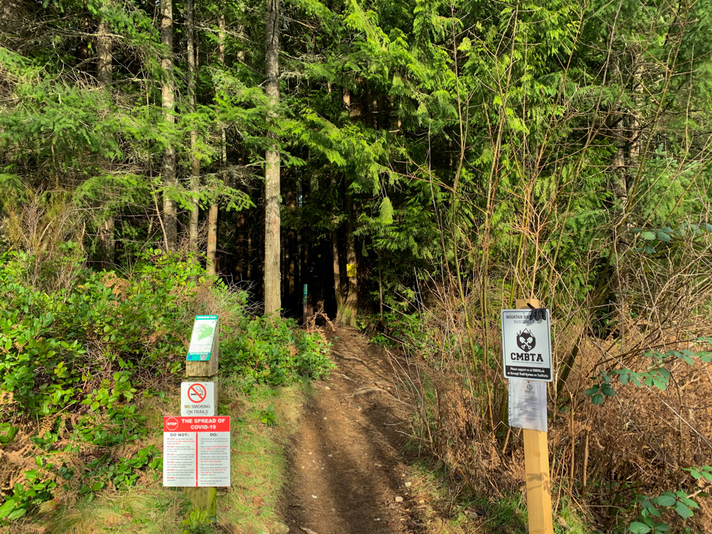 Signs at the Sprockids Trailhead for the Langdale Falls Hike on the Sunshine Coast, British Columbia, Canada.