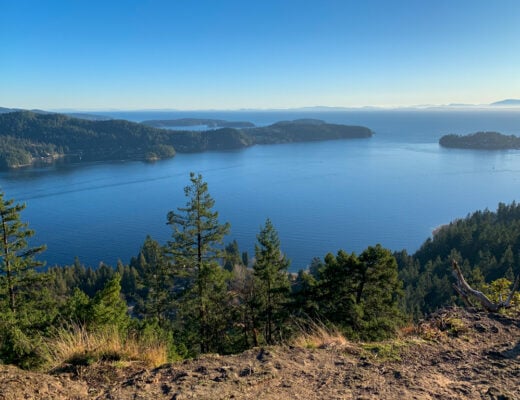 View of ocean and islands from the top of Soames Hill hike on the Sunshine Coast, BC