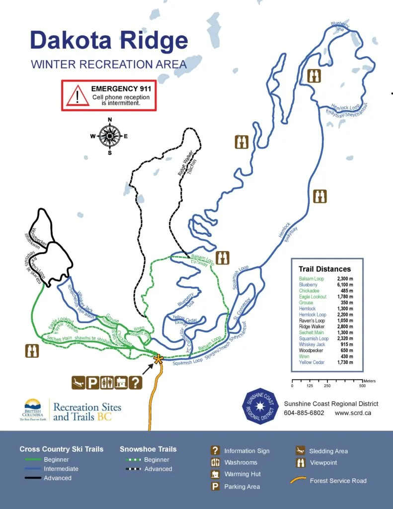 Map of snowshoe and cross country ski trails at Dakota Ridge Winter Recreation Area near Sechelt, BC on the Sunshine Coast