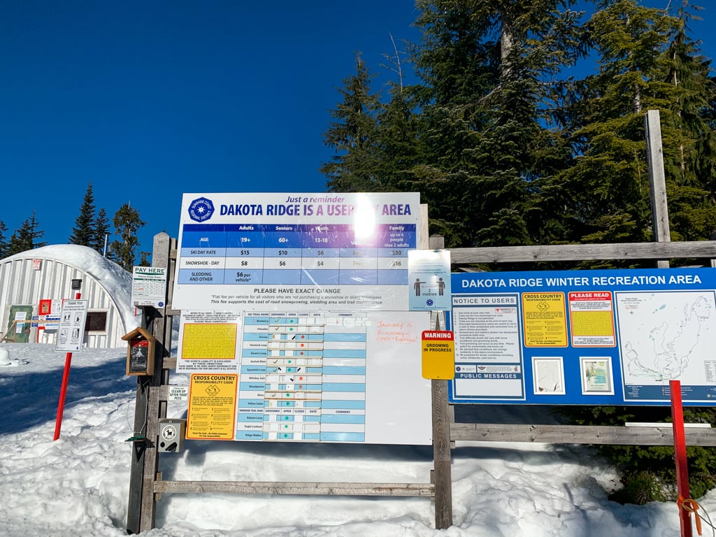 Information board at Dakota Ridge Ski area showing current trail conditions