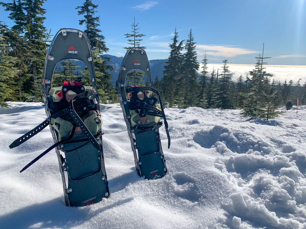 A pair of snowshoes propped up in the snow at Dakota Ridge on the Sunshine Coast, BC