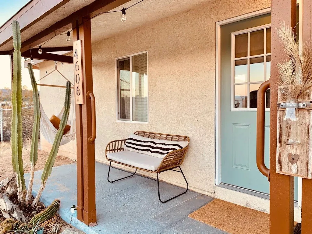 Front porch at the Comfy Boho Cottage, a family-friendly rental house near Joshua Tree National Park