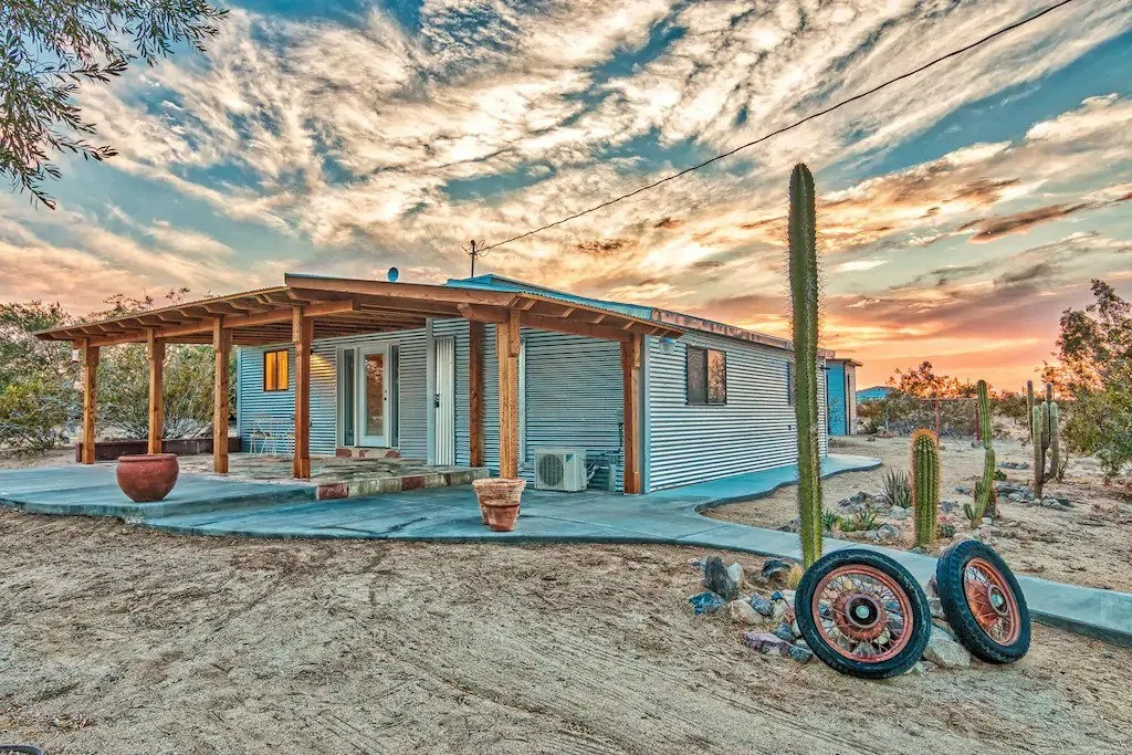 Exterior of the Flying Point Homestead, a great pet-friendly rental home near Joshua Tree National Park