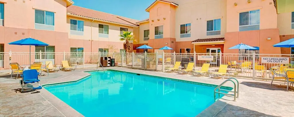 The outdoor pool and deck at the Fairfield Inn & Suites in Twentynine Palms, California - one of the best places to stay near Joshua Tree