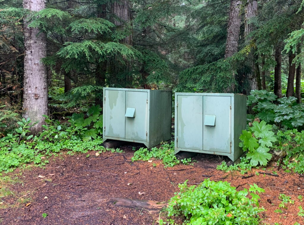 Bear-proof food lockers at a campsite on the Bowron Lakes Canoe Circuit