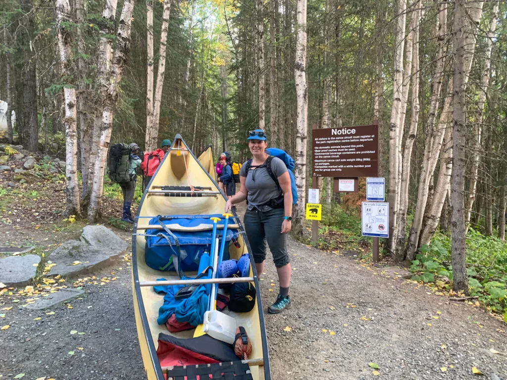 A fully loaded canoe at the start of the Bowron Lakes Canoe Circuit