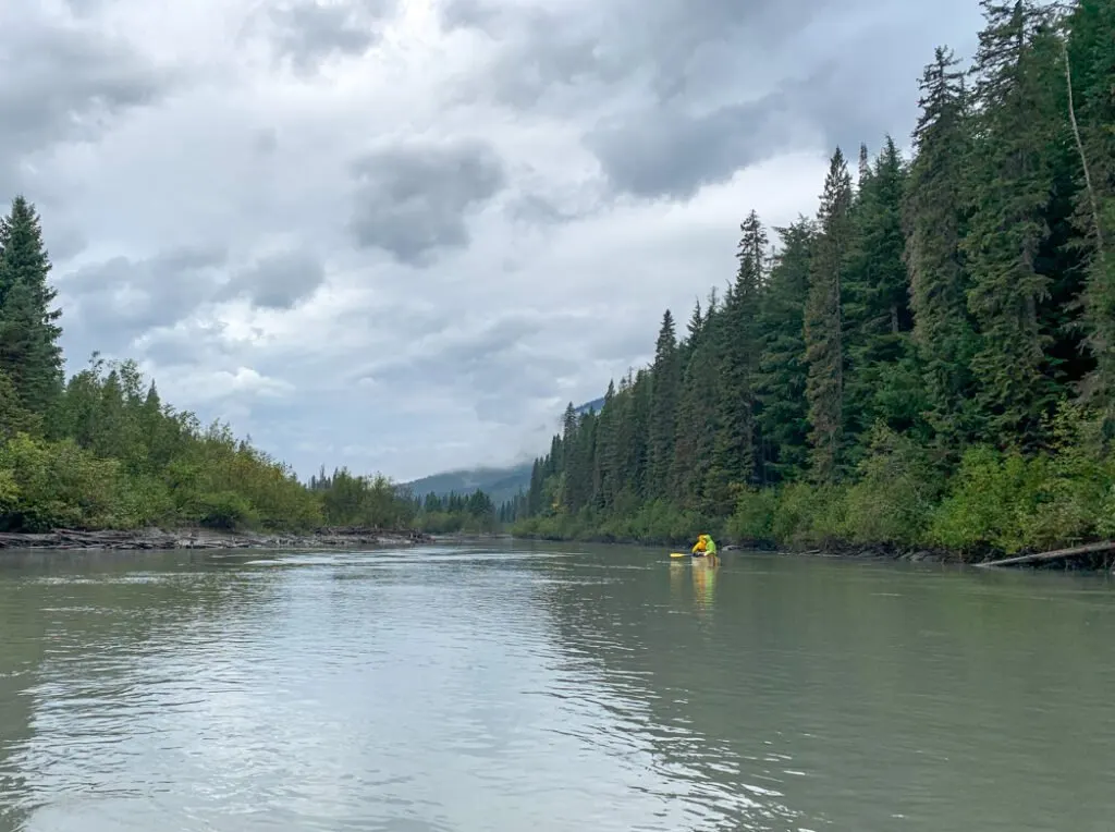 A calm section of the Cariboo River on the Bowron Lakes canoe trip