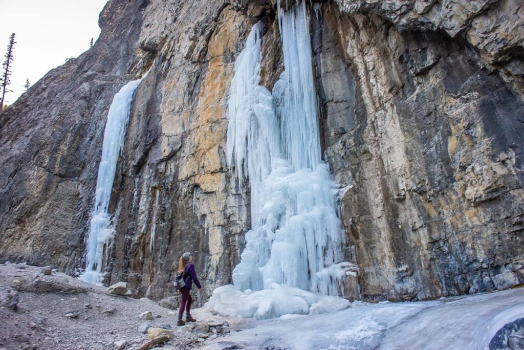 A woman next to a frozen waterfall on the Grotto Canyon Icewalk in Canmore
