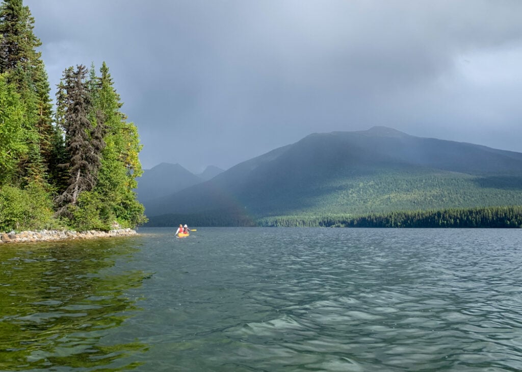 Paddling in the rain on Indianpoint Lake in Bowron Lake Provincial Park