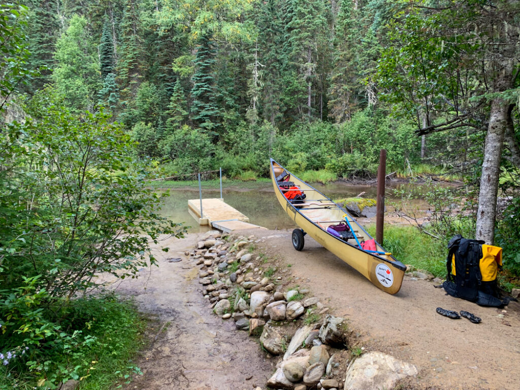 A canoe on a canoe cart on the Bowron Lakes loop