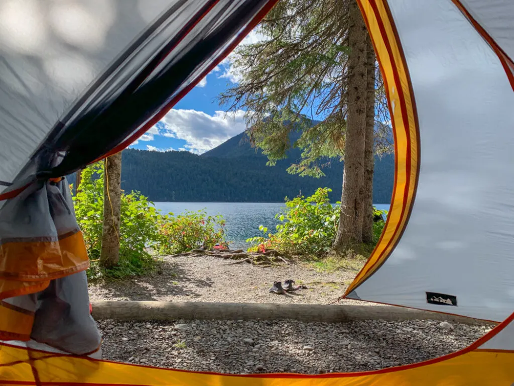 The view of Isaac Lake from a tent door on the Bowron Lakes Canoe Circuit