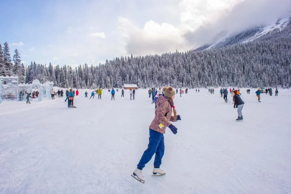 Outdoor ice skating at Lake Louise in the Canadian Rockies